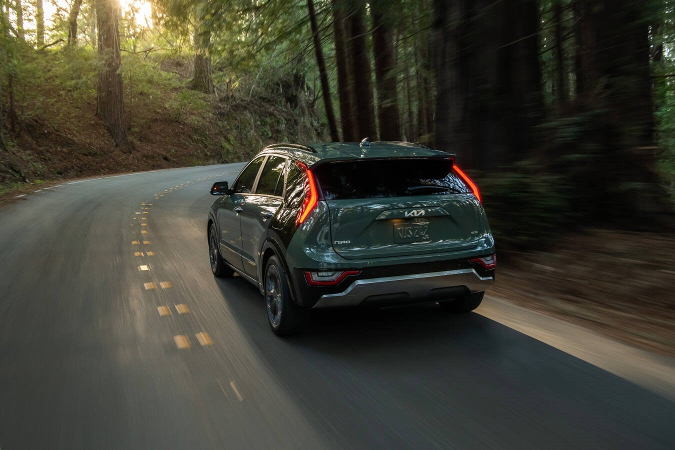 A dark green new Niro in Peoria drives away from the viewer on a curvy road through a large forest.